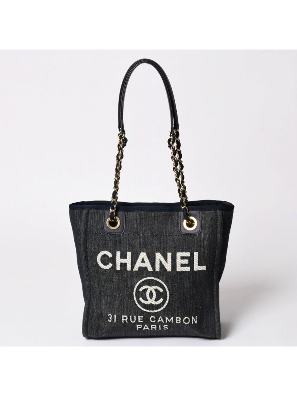 Chanel Deauville PM Chain Tote Shoulder Bag Denim Canvas CC Logo Navy Gold